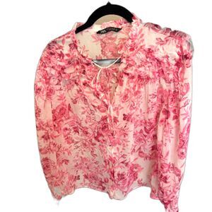 Zara Pink Floral Sheer Blouse Size S Ruffle Tie Front Romantic Boho Top
